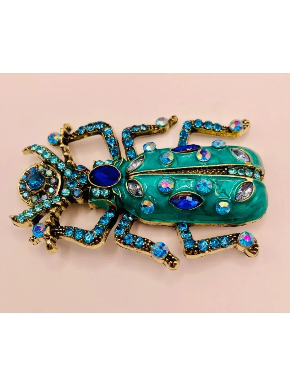 Large Jeweled Beetle Brooch Pin Blue Teal Rhinestones & Enamel -56B